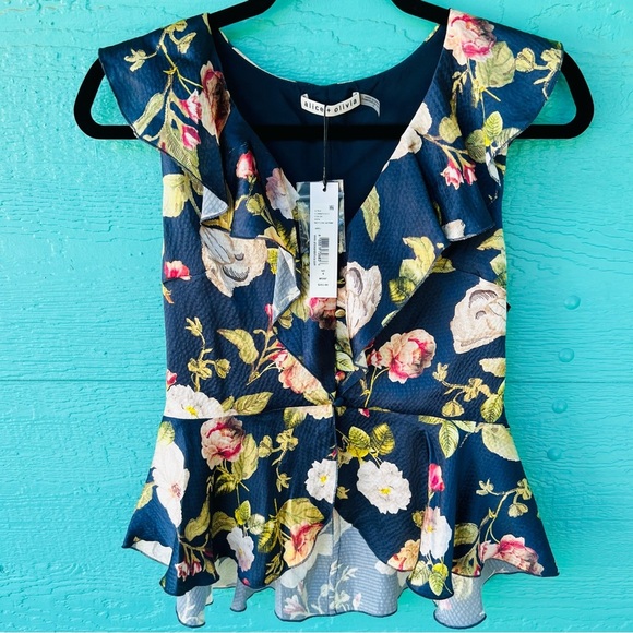 Alice + Olivia Blue Nora Floral Ruffle Silk Peplum Blouse Top Size 4 NWT $265 - Picture 3 of 9